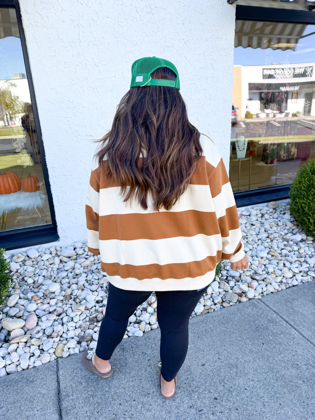Lucky Mallard Striped Mock Neck Sweatshirt - Camel/Cream