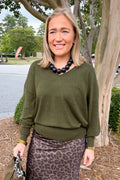 Lightweight V-Neck Long Sleeve Slouchy Sweater in Dark Olive
