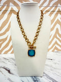 Gold Linked Chain Necklace with Marble Stone - Blue