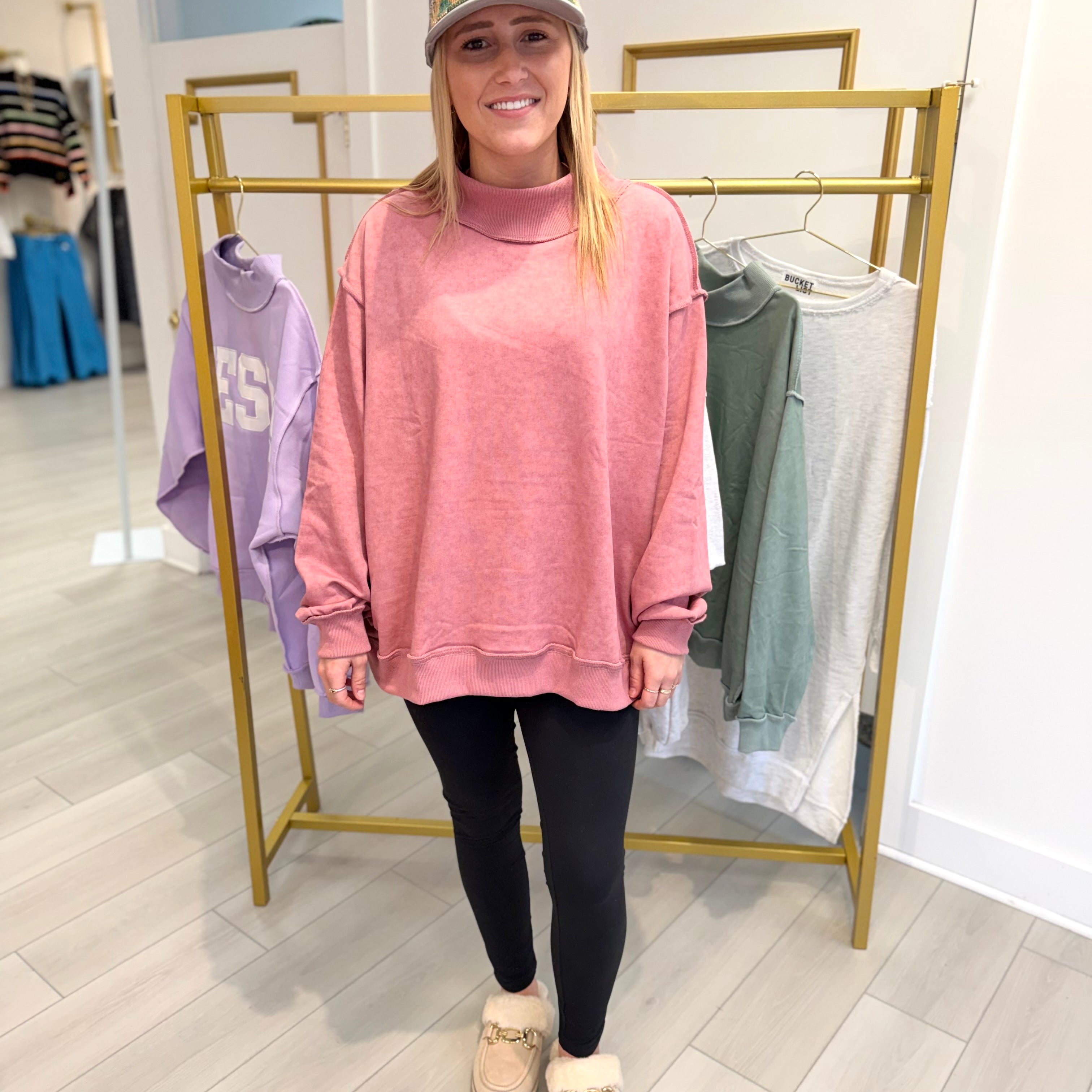 Vintage Wash Oversized Mock Neck in Mauve