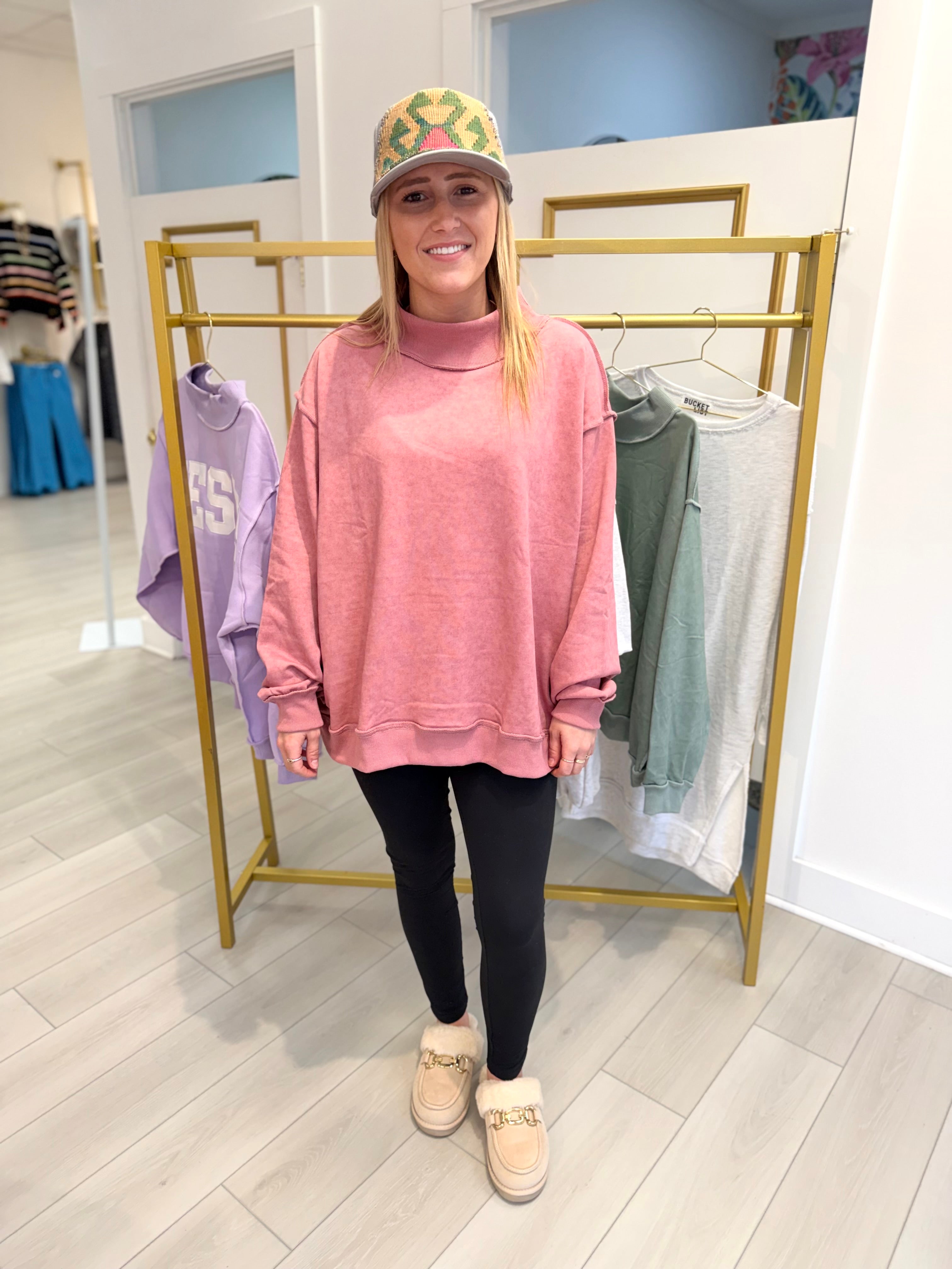 Vintage Wash Oversized Mock Neck in Mauve