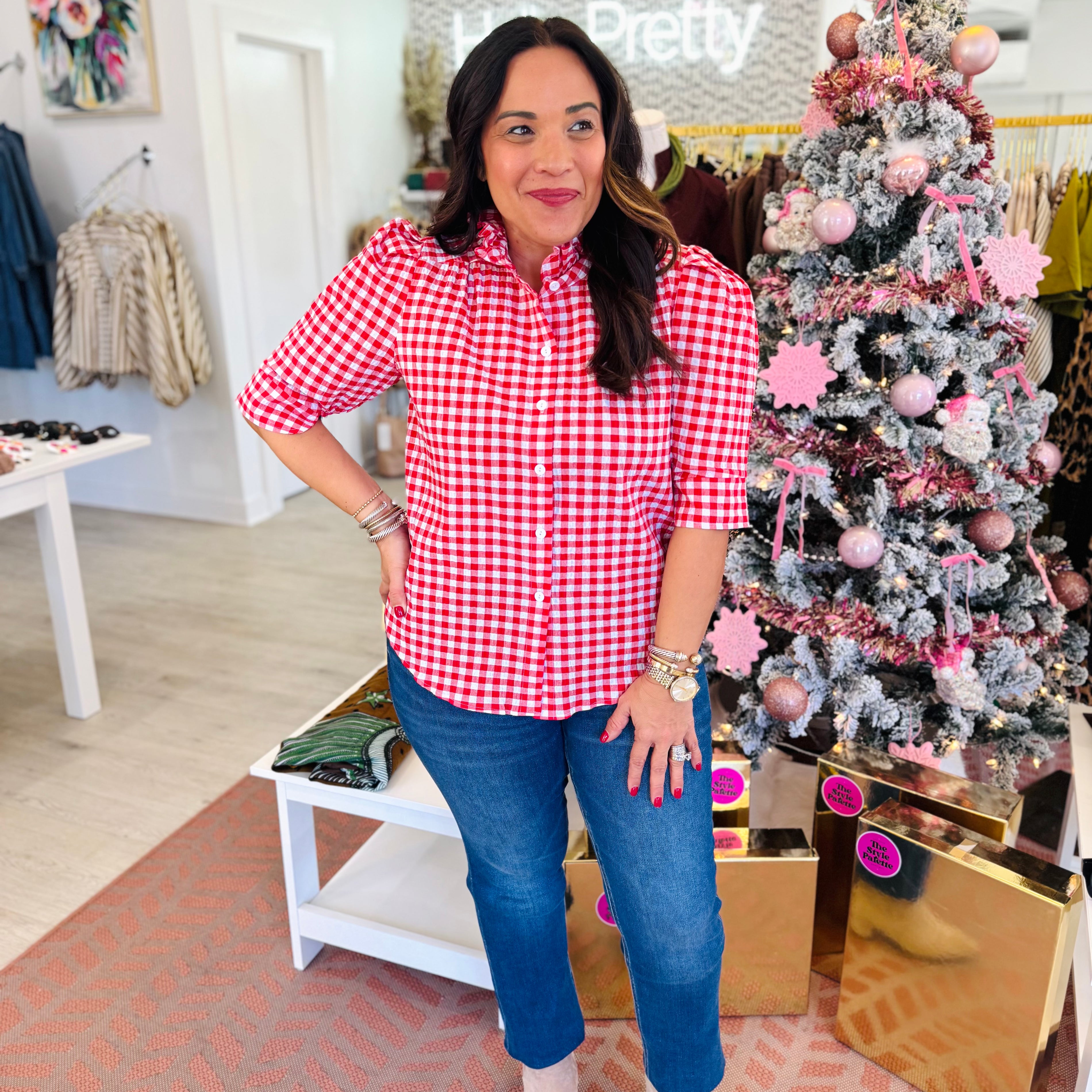 Adrienne Jodie Top in Red Seersucker Gingham