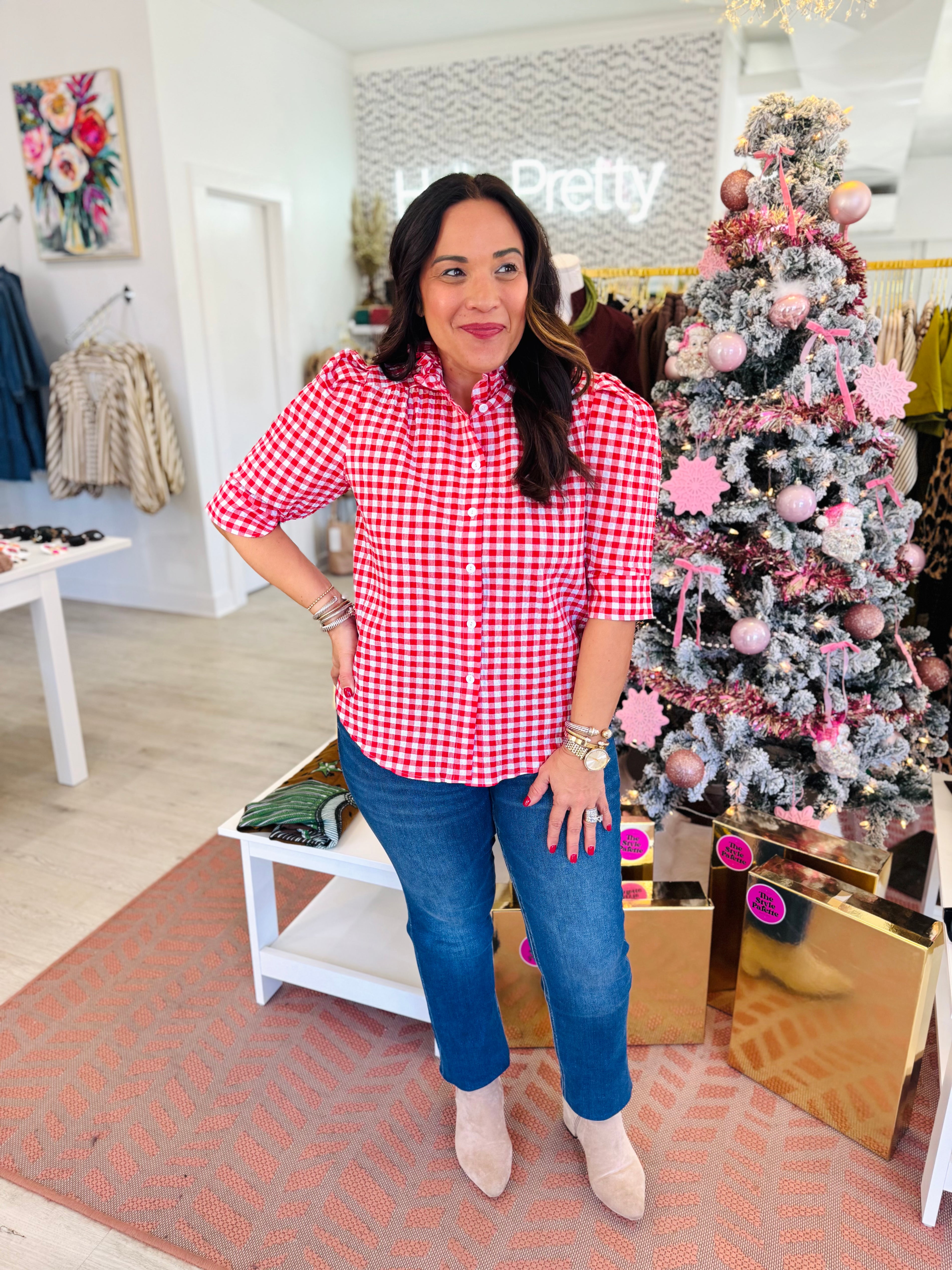 Adrienne Jodie Top in Red Seersucker Gingham