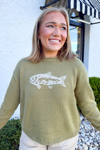 Fish Knit Crewneck Sweater in Olive/Cream