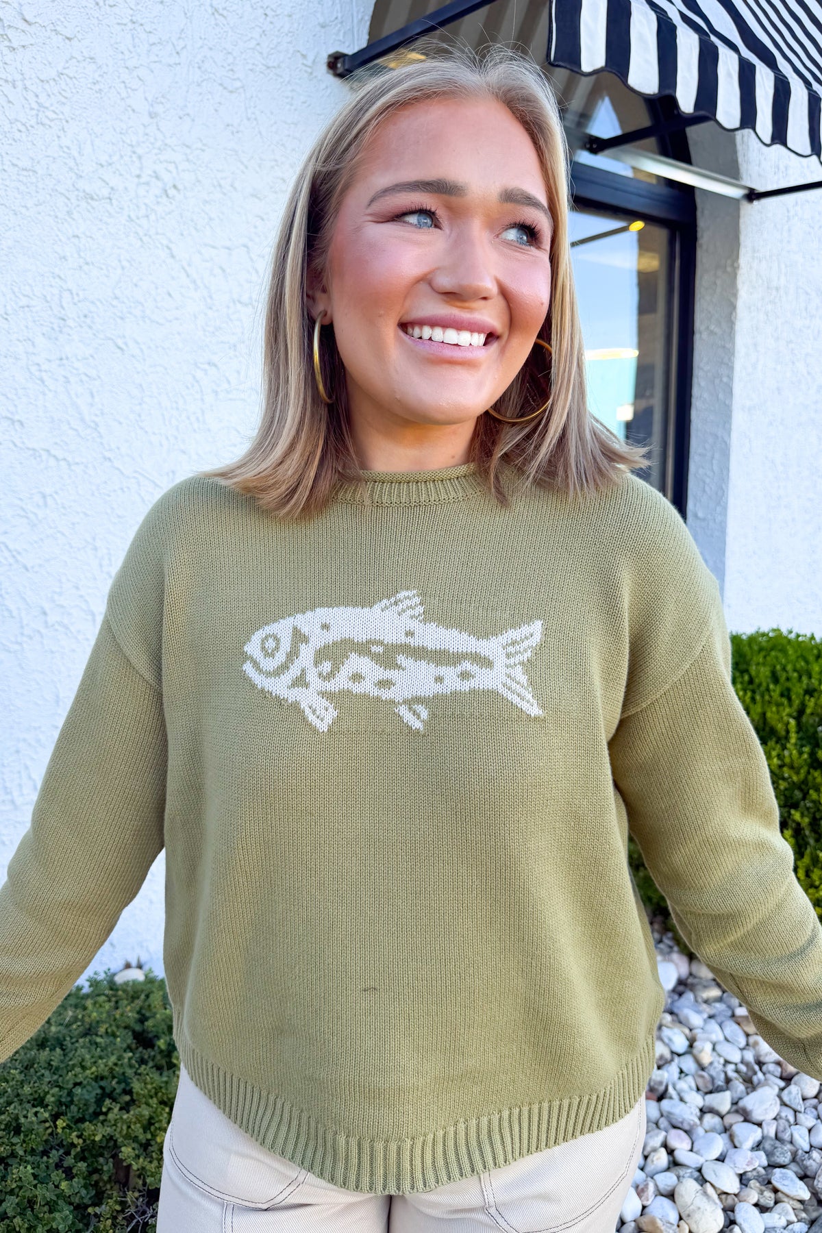 Fish Knit Crewneck Sweater in Olive/Cream