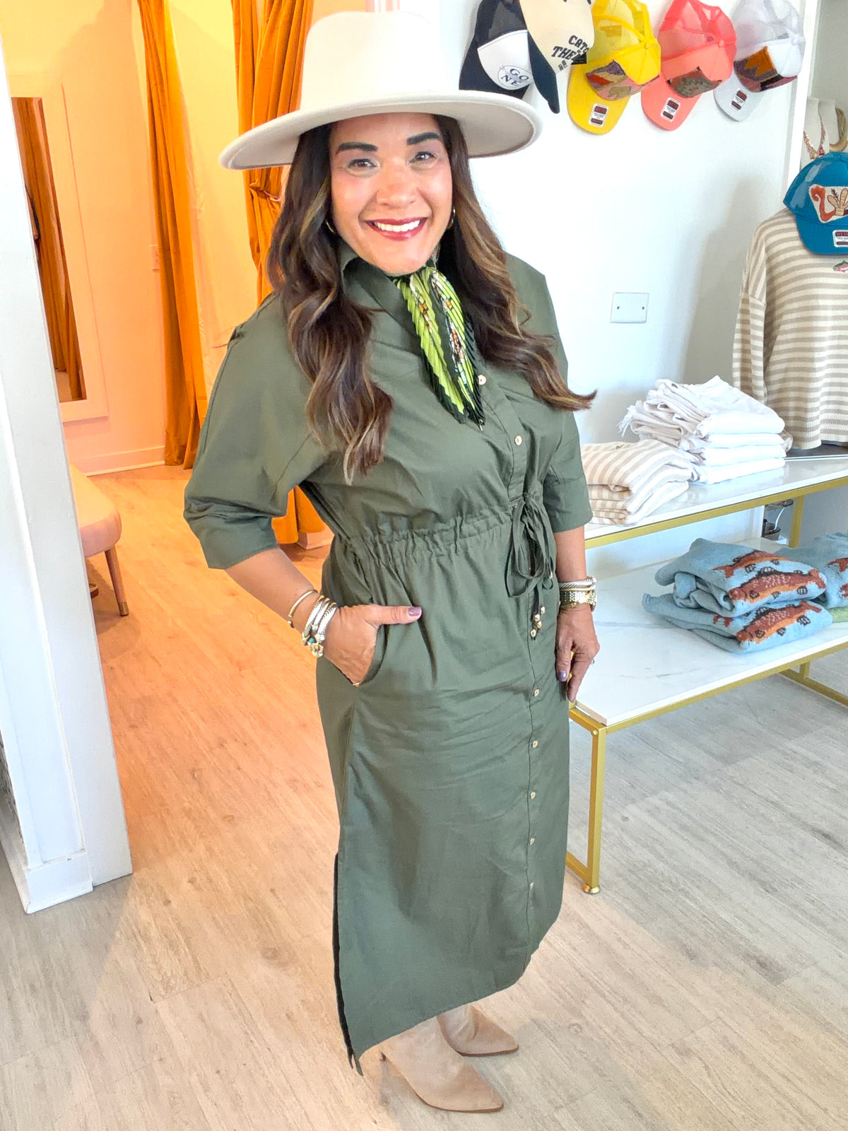 Button Down Drawstring Waist Midi Dress in Olive
