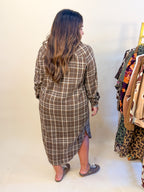 Plaid Collared Button Down Midi Dress in Brown