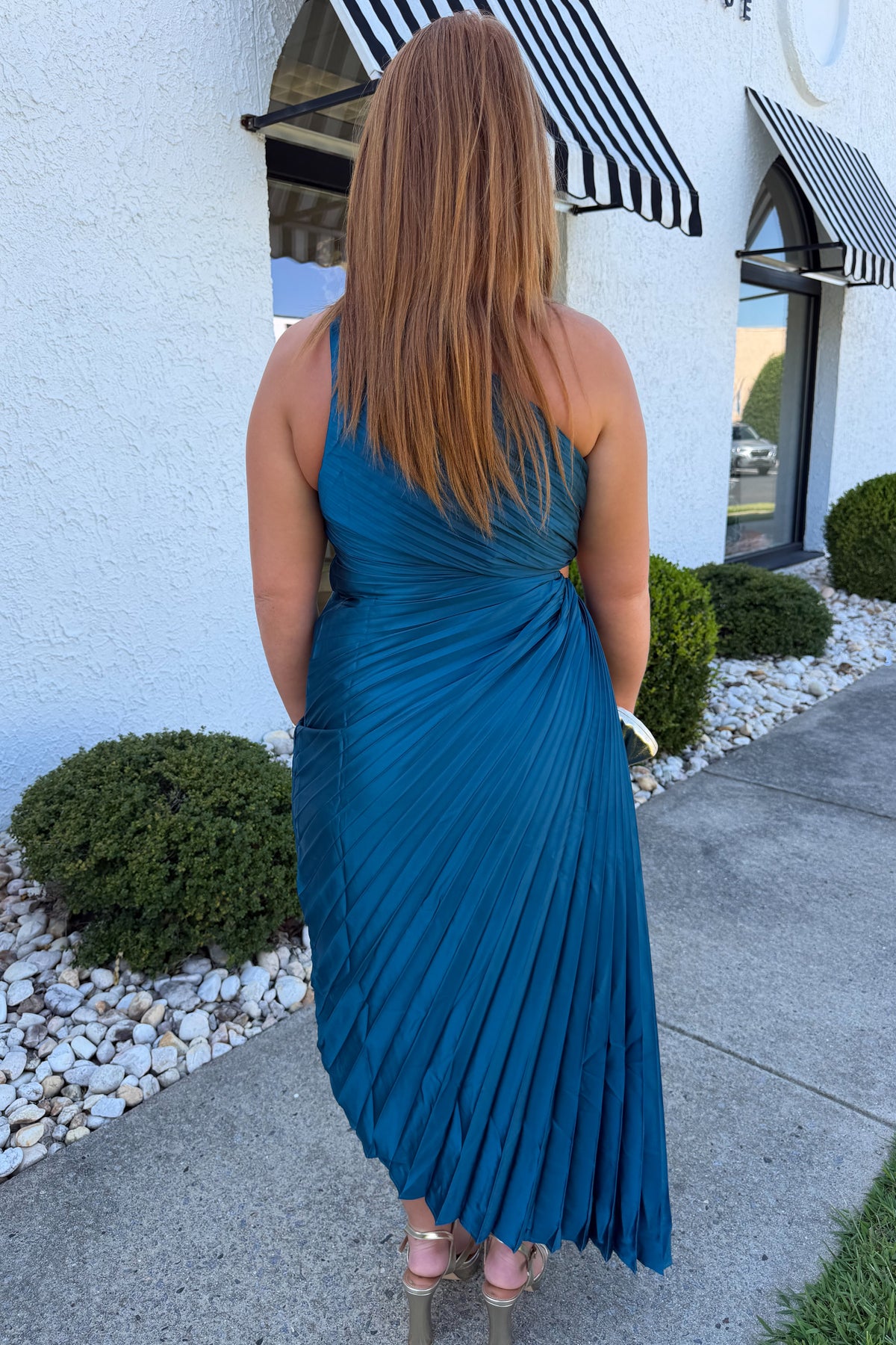 Pleated One Shoulder Asymmetrical Midi Dress - Blue Sapphire