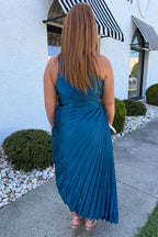 Pleated One Shoulder Asymmetrical Midi Dress - Blue Sapphire
