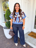 Short Sleeve Abstract Print Sweater in Blue Mix