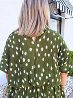 Pleated Puff Sleeve Bubble Hem Dot Pattern Blouse in Olive