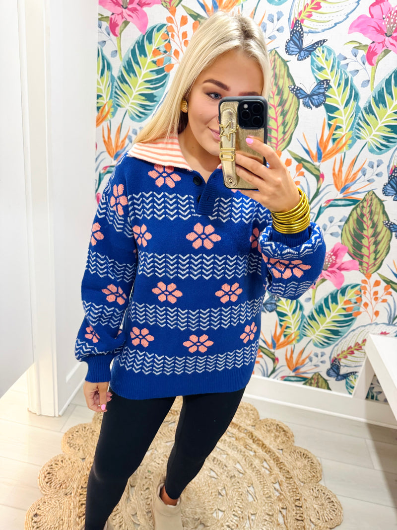 Retro Floral Collared Sweater