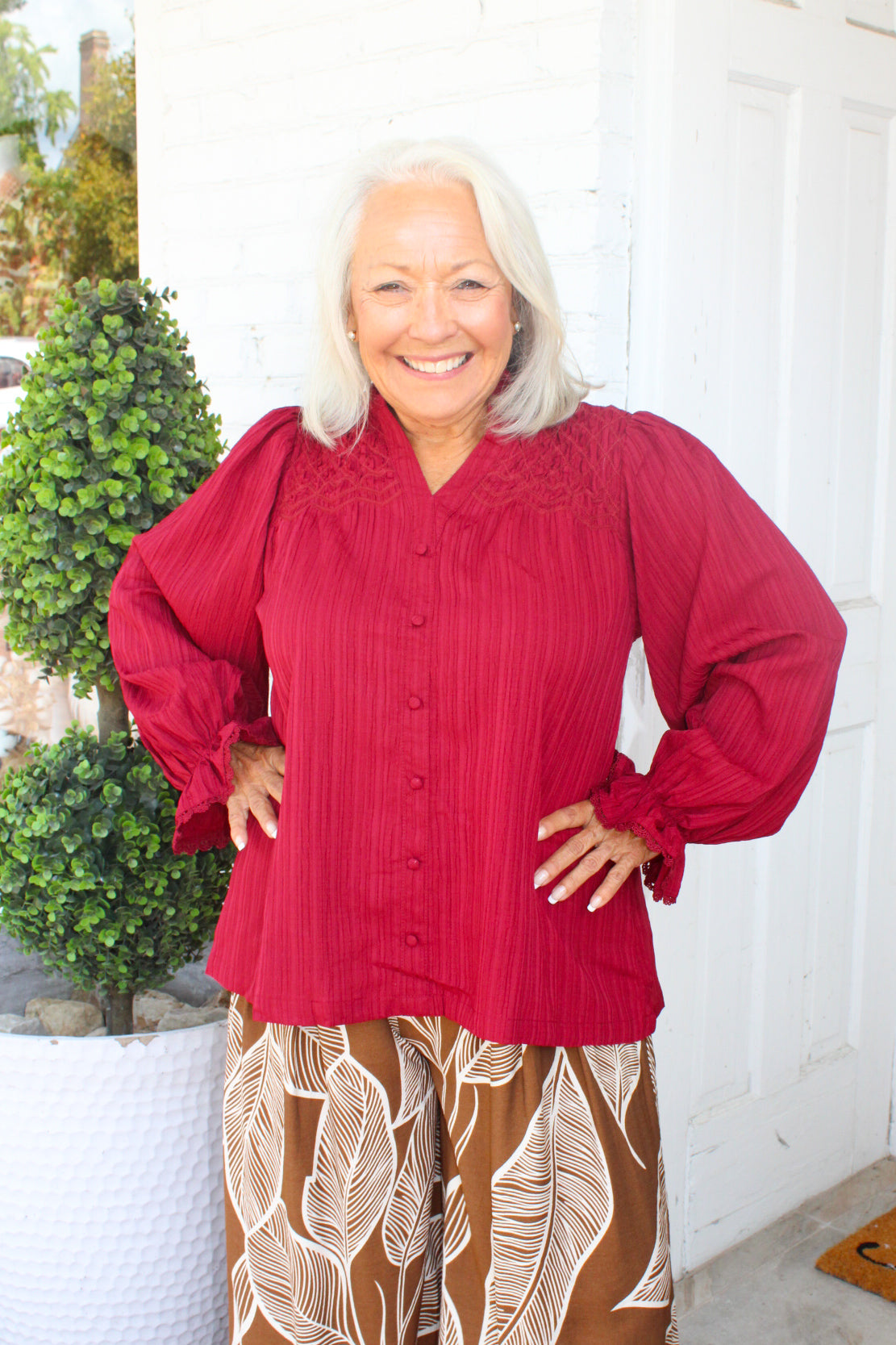 Easy Essential Button Down Puff Sleeve Top in Merlot