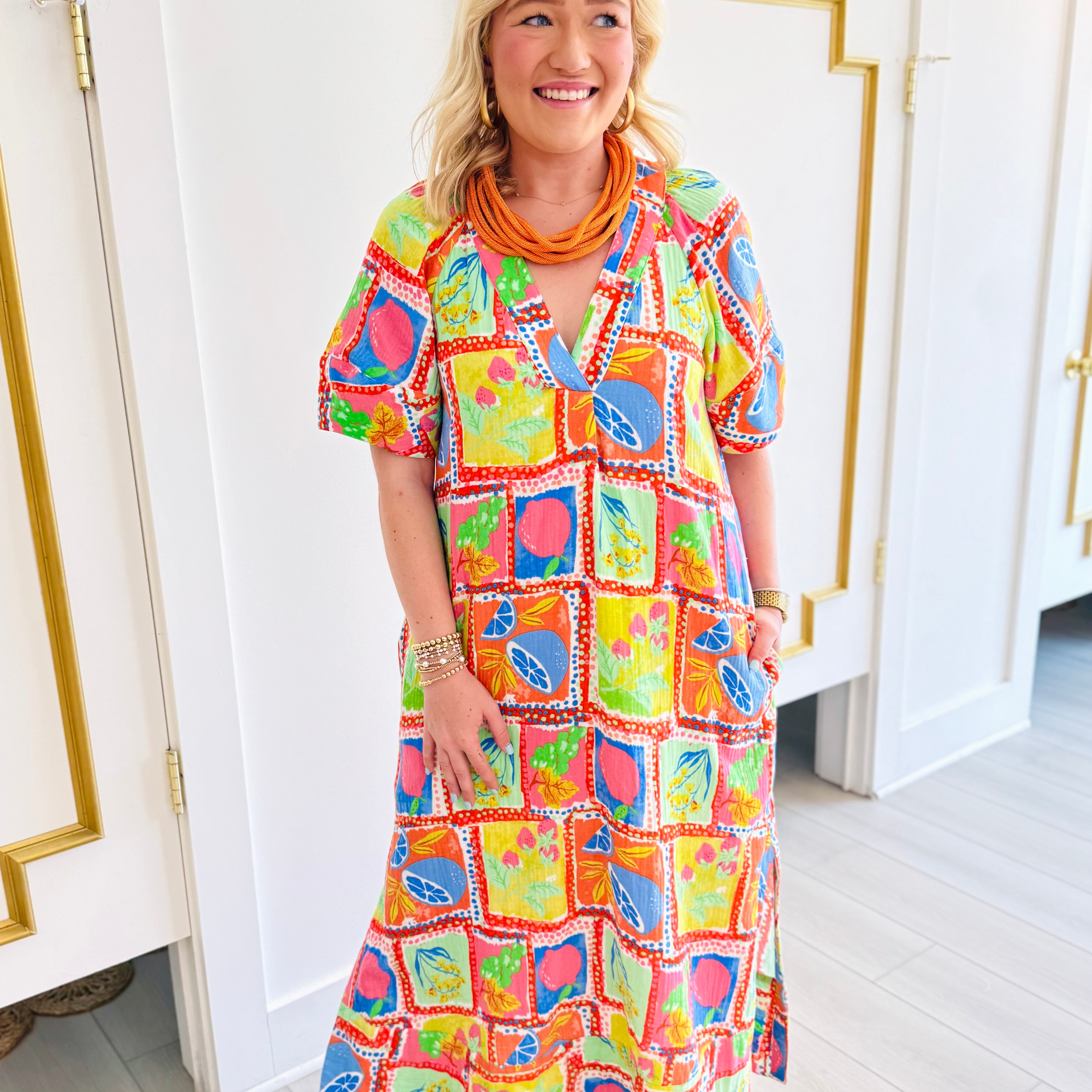 Fruit Gauze V-Neck Maxi Dress | KARLIE