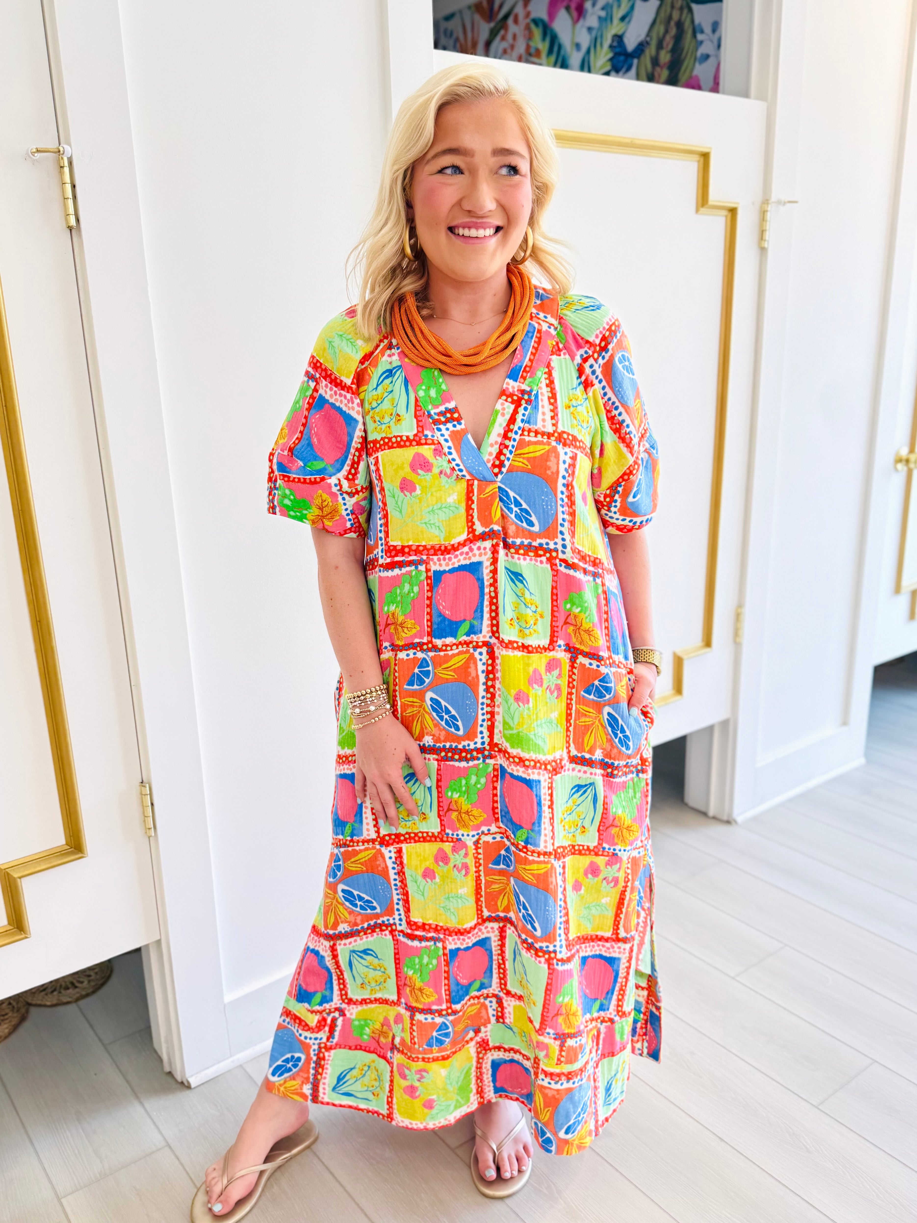 Fruit Gauze V-Neck Maxi Dress | KARLIE