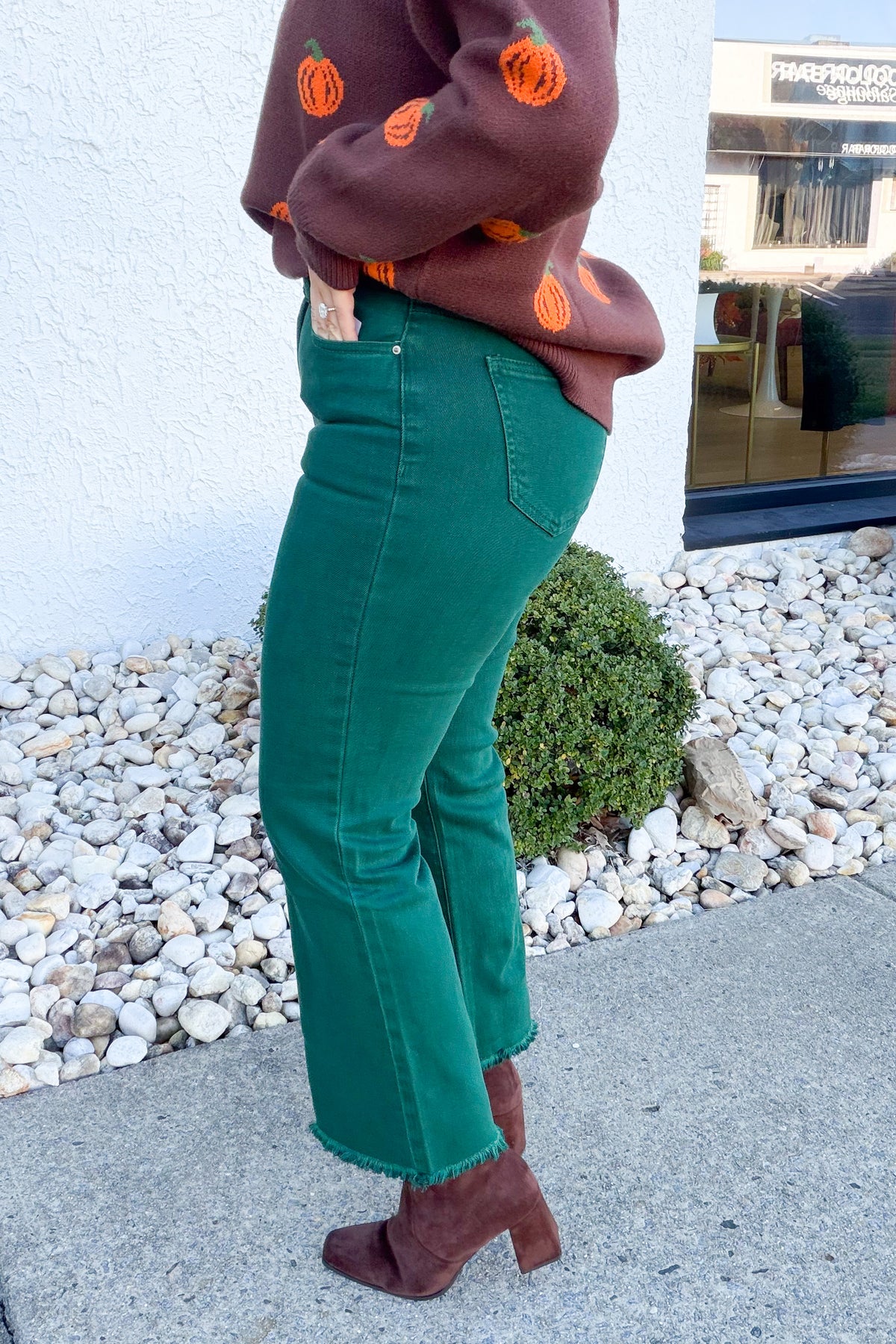 Acid Washed High Waisted Frayed Hem Bootcut Pant in H. Green
