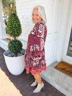 Abstract Print Long Sleeve Mini Dress in Wine Mix