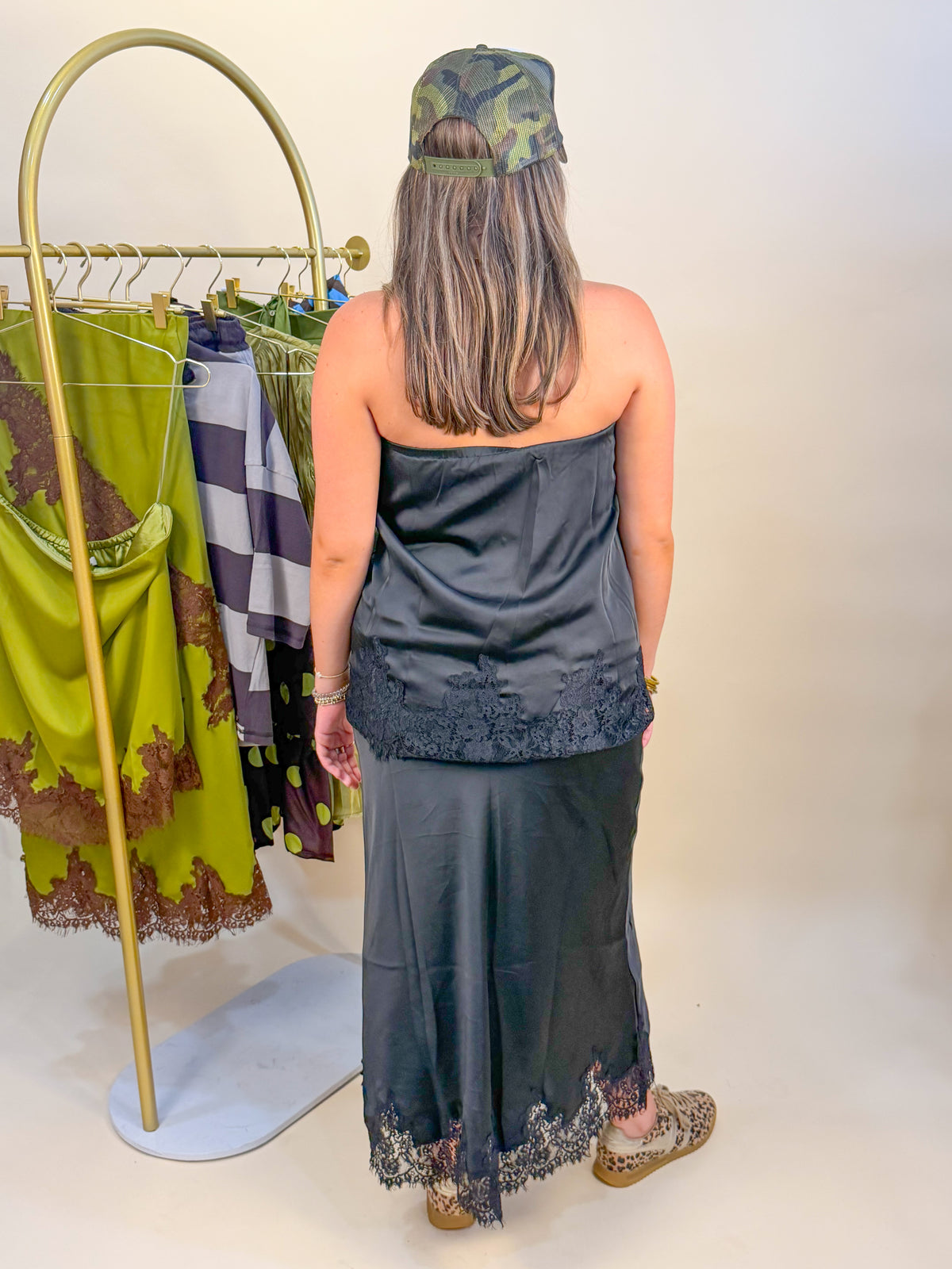 Lace Trim Black Relaxed Fit Strapless Blouse