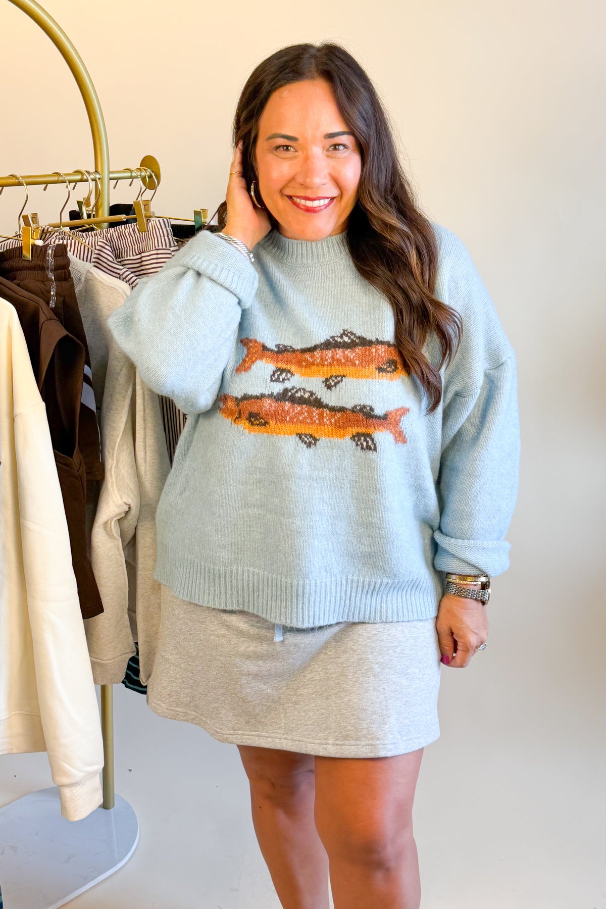 Fishing at the Lake Trout Sweater in Daisy Blue