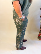 Floral Print Stretch Denim in Olive