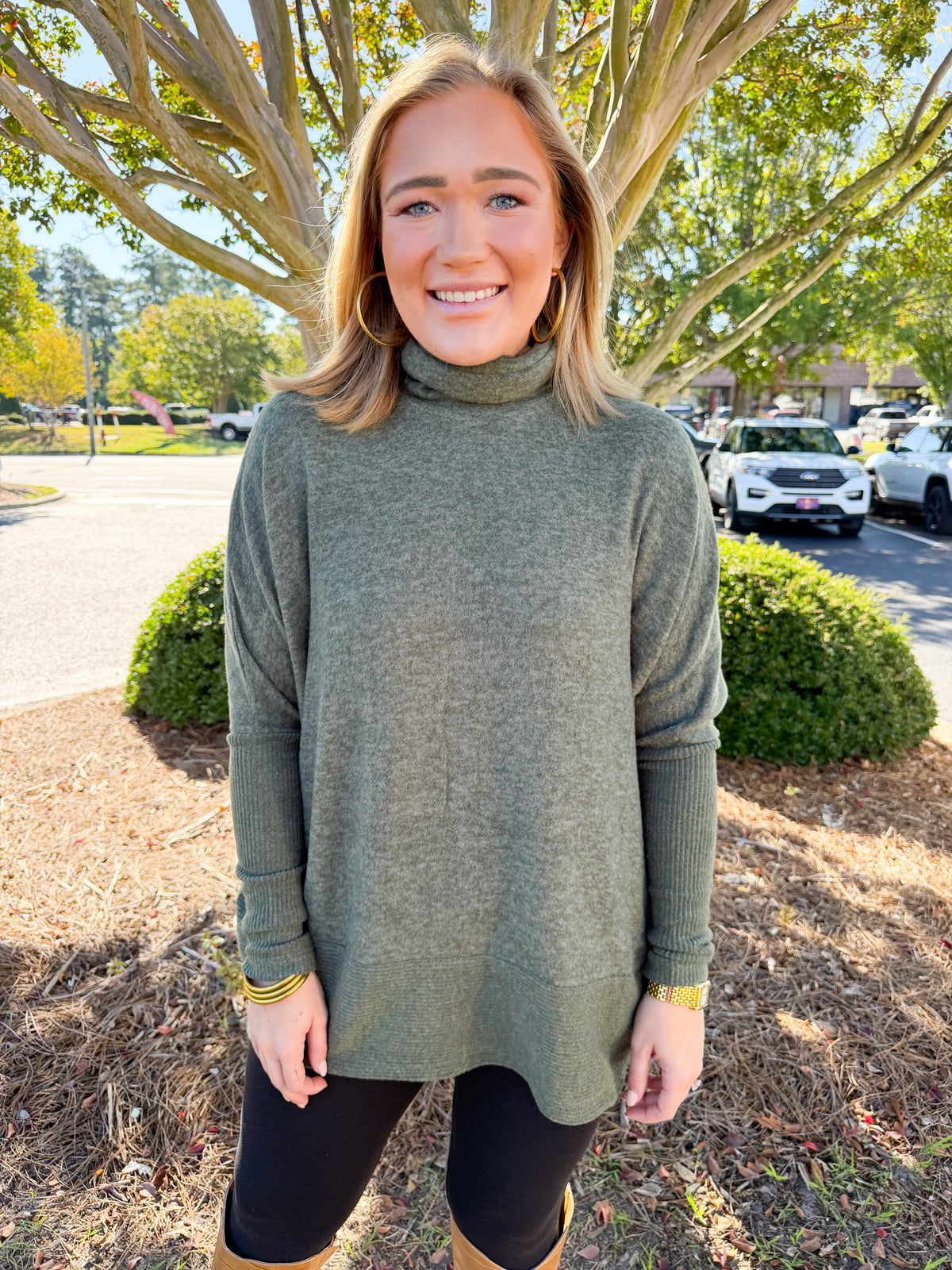 Brushed Melange Hacci Turtleneck Sweater in Dark Olive