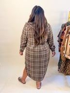 Plaid Collared Button Down Midi Dress in Brown