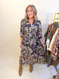 Floral Abstract Print Collared Midi Dress in Brown Mix