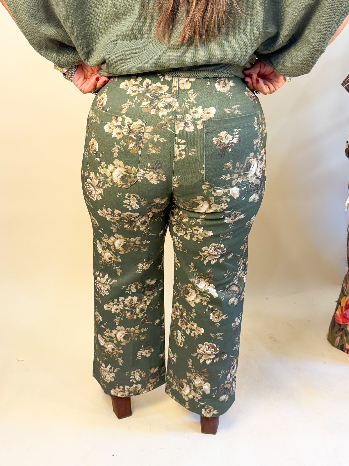 Floral Print Stretch Denim in Olive