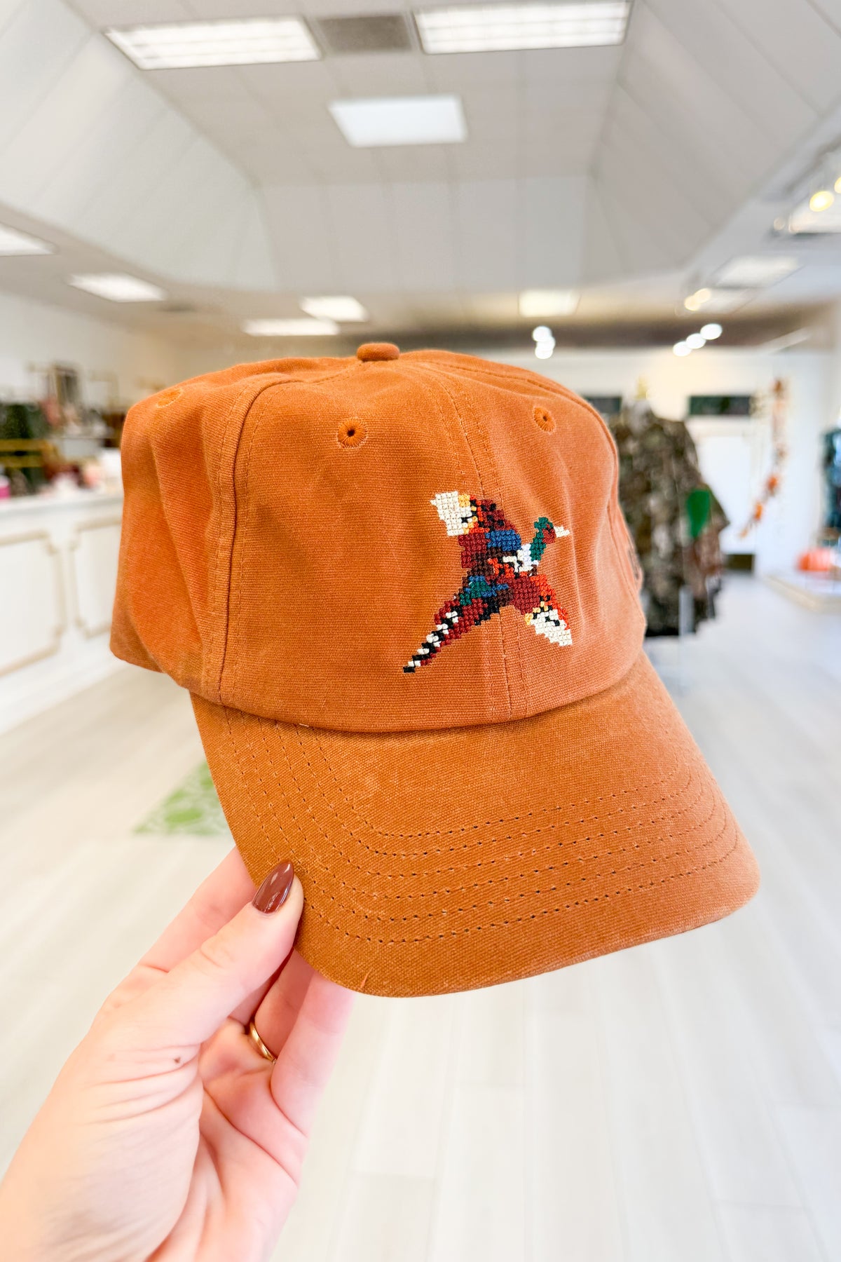 Flying Bird Embroidered Waxed Canvas Baseball Cap in Orange