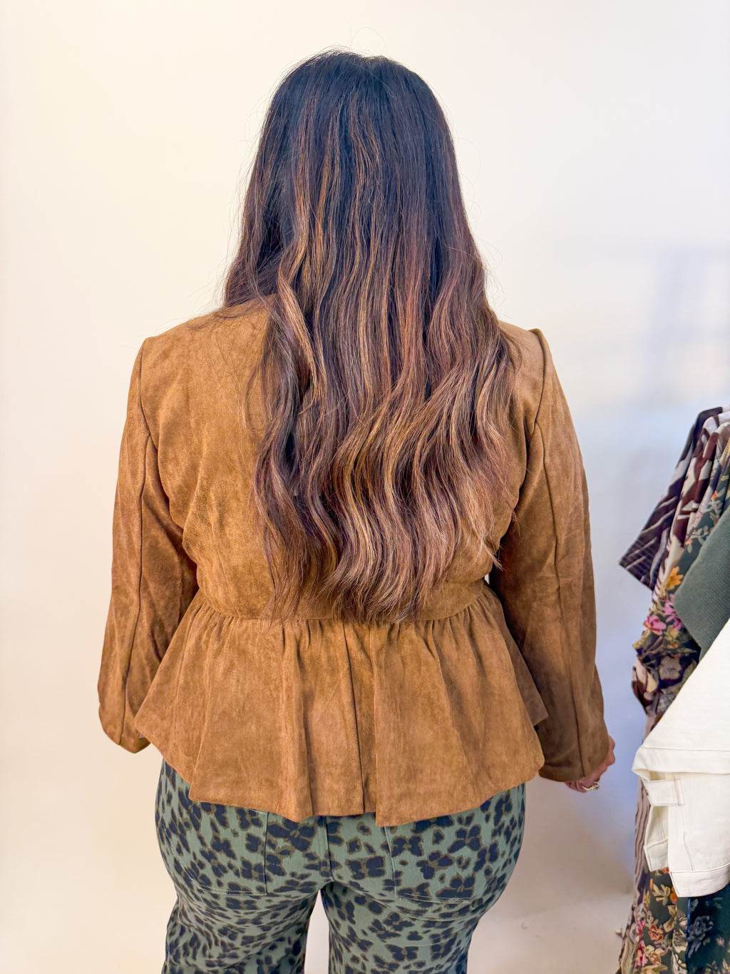 Faux Suede Babydoll Blouse in Camel