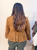Faux Suede Babydoll Blouse in Camel