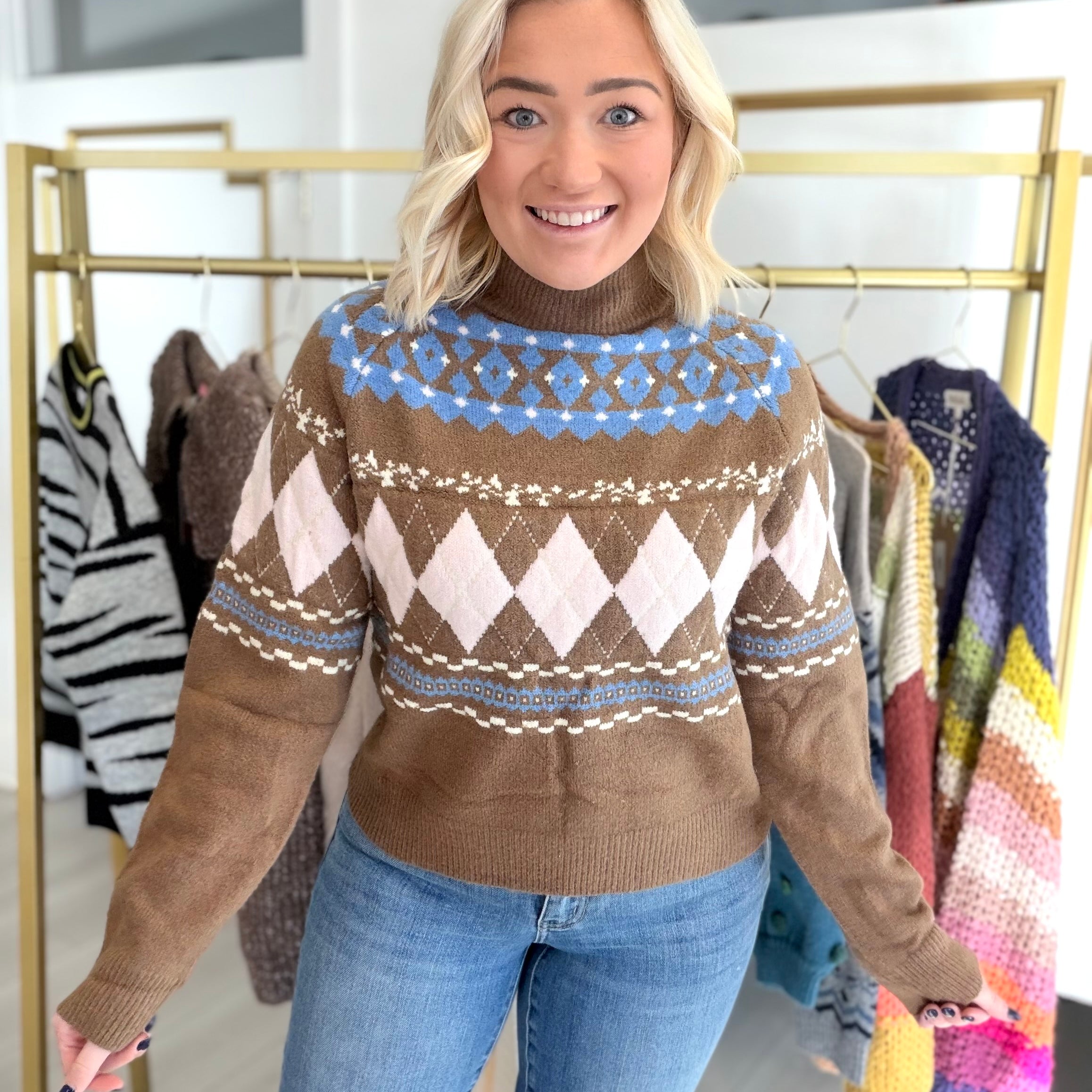 Argyle Fair Isle Mock Neck Sweater | THML