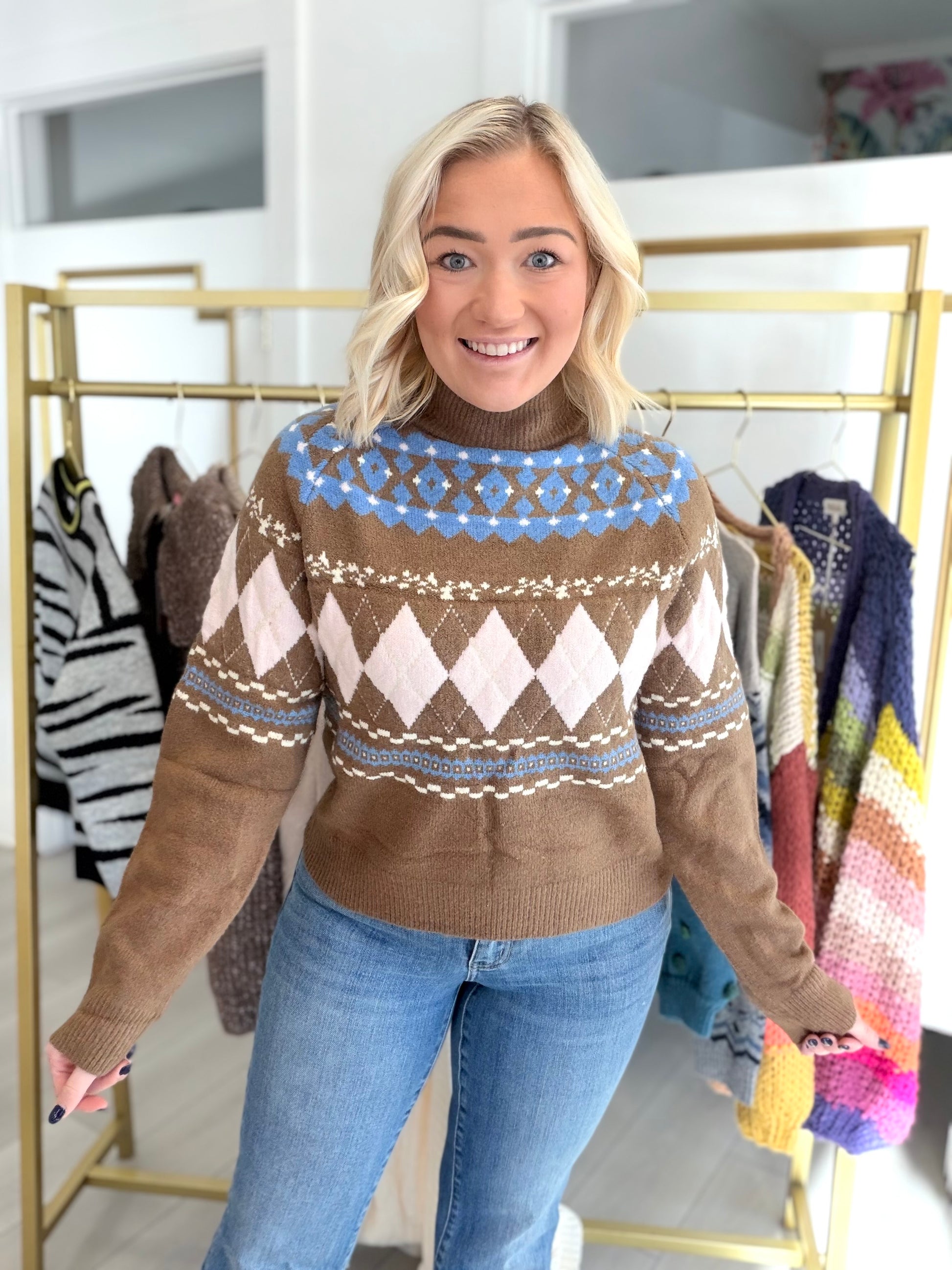 Argyle Fair Isle Mock Neck Sweater | THML