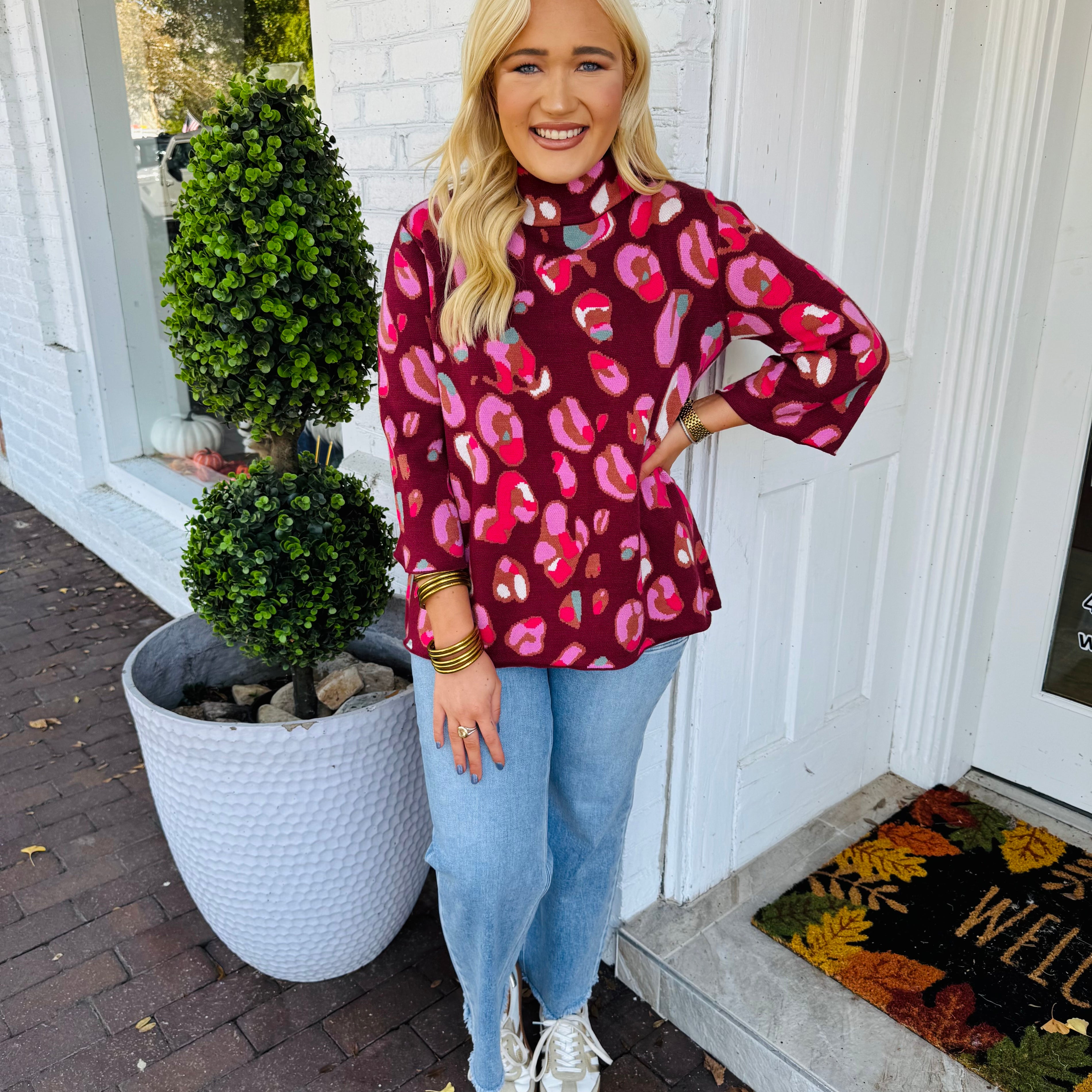 Morgan Mock Neck in Wine Leopard