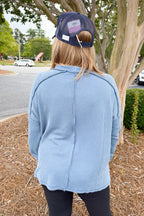 Ribbed Boat Neck Long Sleeve Oversized Sweater in Dusty Blue