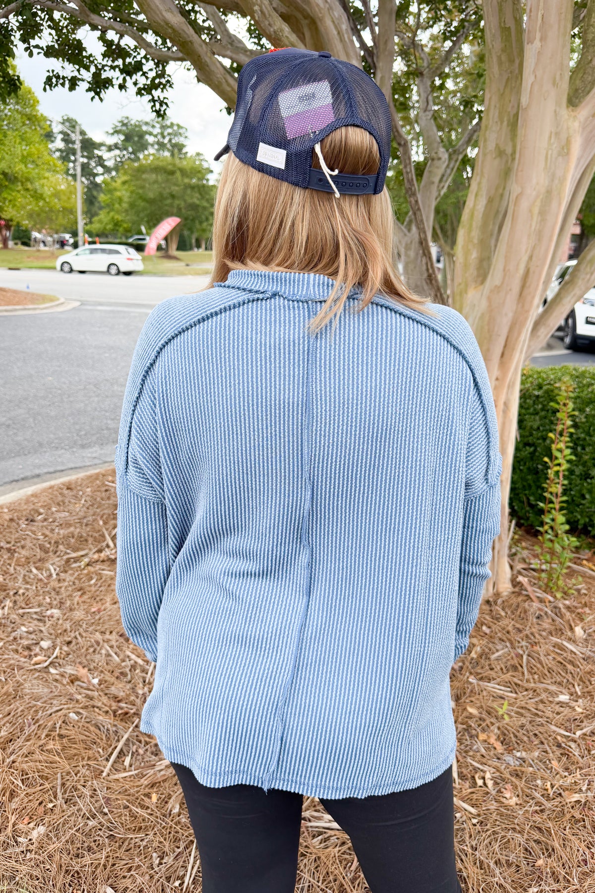 Ribbed Boat Neck Long Sleeve Oversized Sweater in Dusty Blue