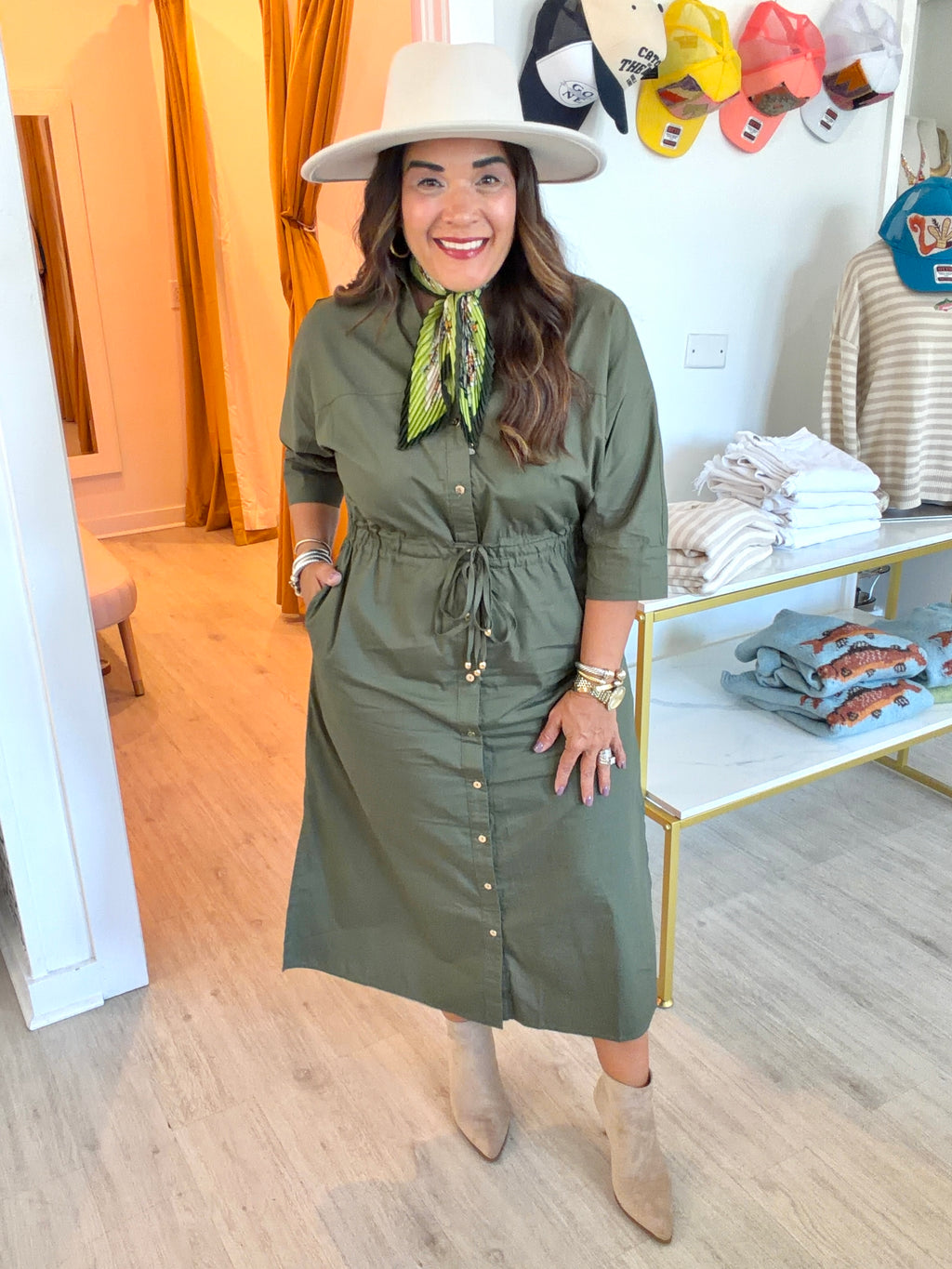 Button Down Drawstring Waist Midi Dress in Olive