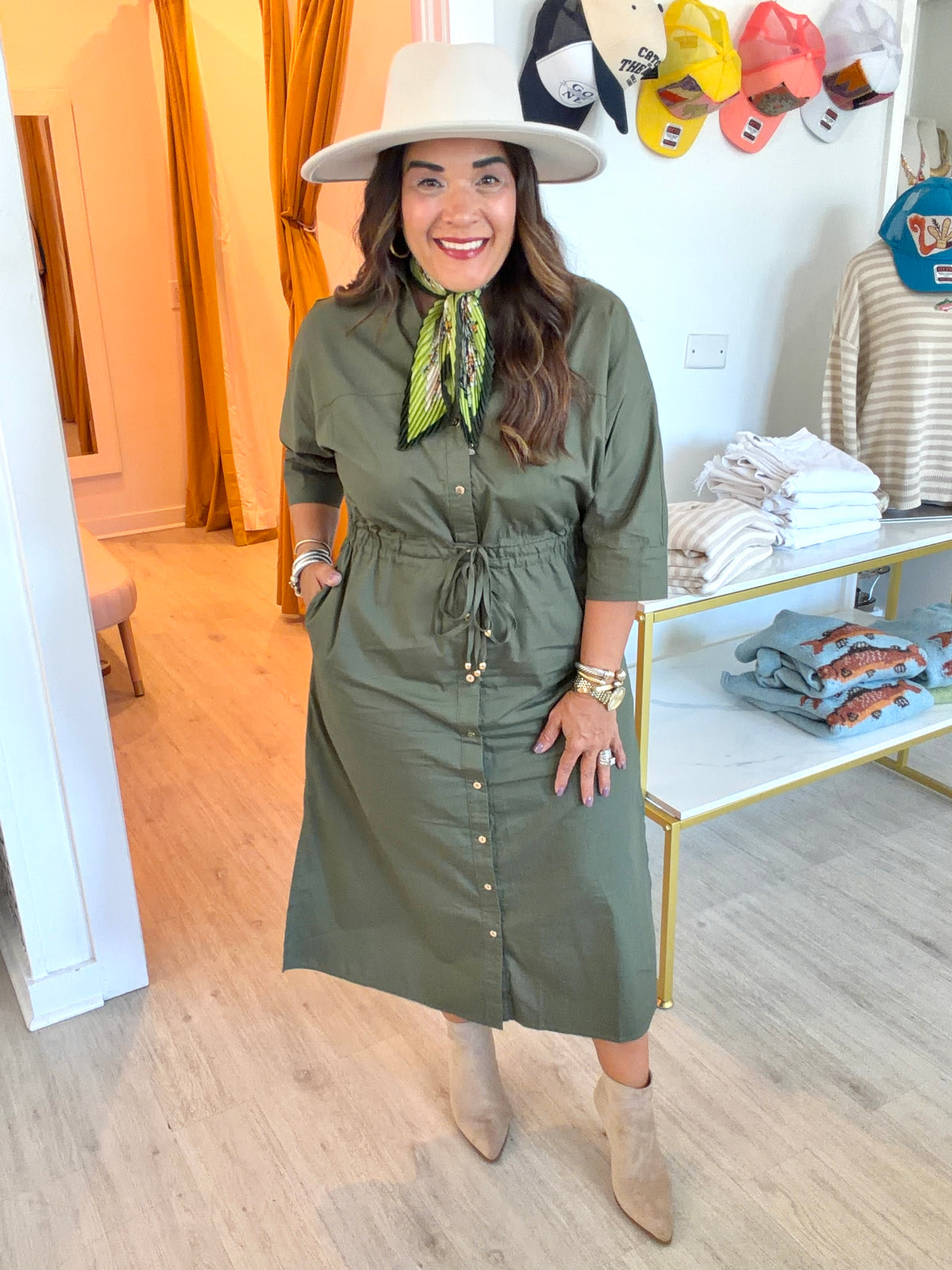 Button Down Drawstring Waist Midi Dress in Olive