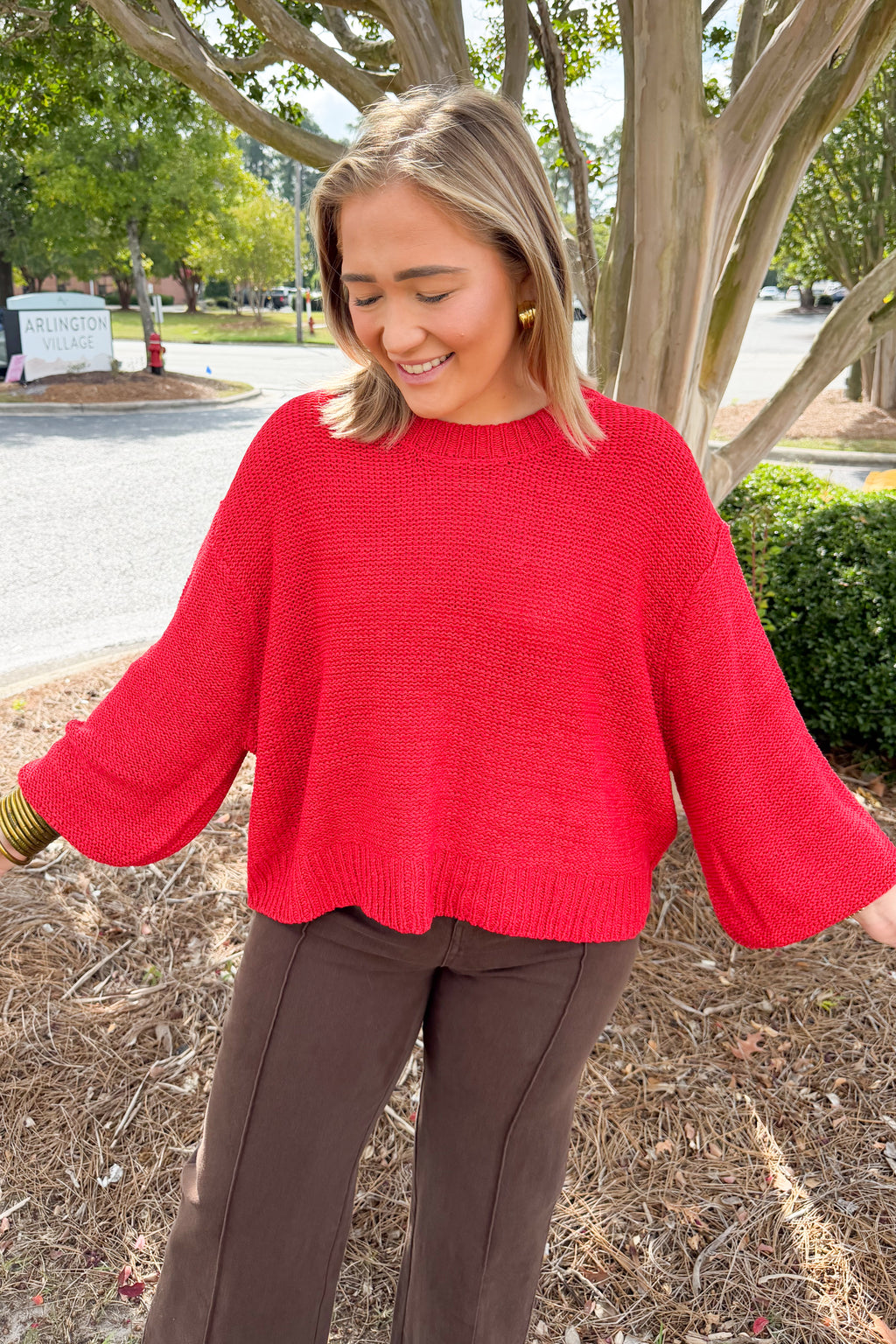Oversized Knit Round Neck Balloon Sleeve Sweater in Ruby