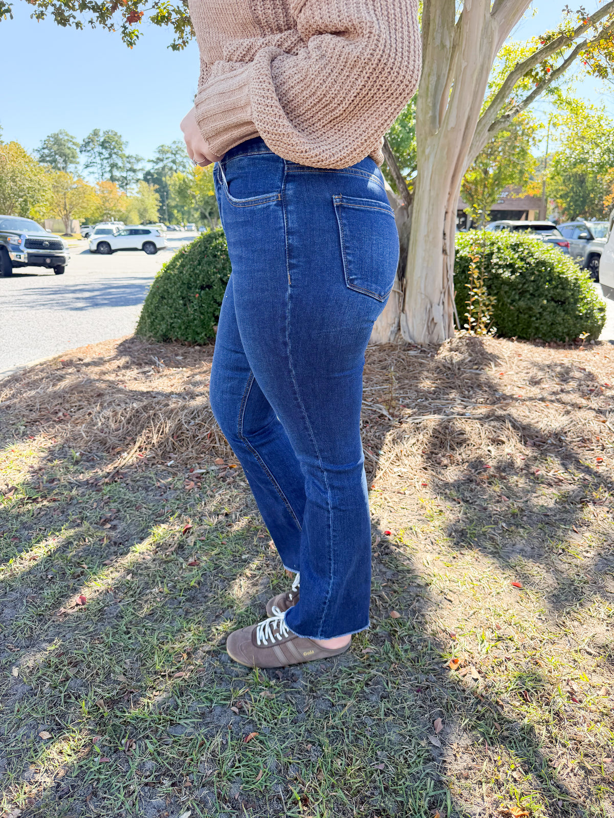 High Rise Dark Wash Raw Hem Kick Flare Denim | VERVET