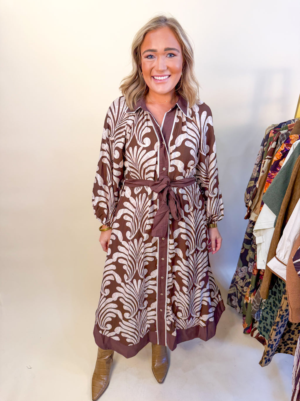 Button Down Maxi Shirt Dress in Brown