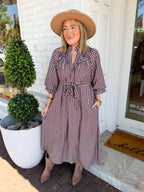 Gingham Belted Midi Dress in Red Brown