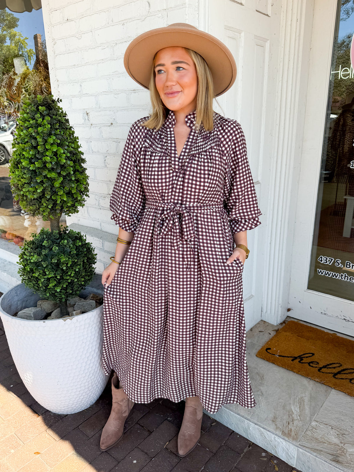 Gingham Belted Midi Dress in Red Brown