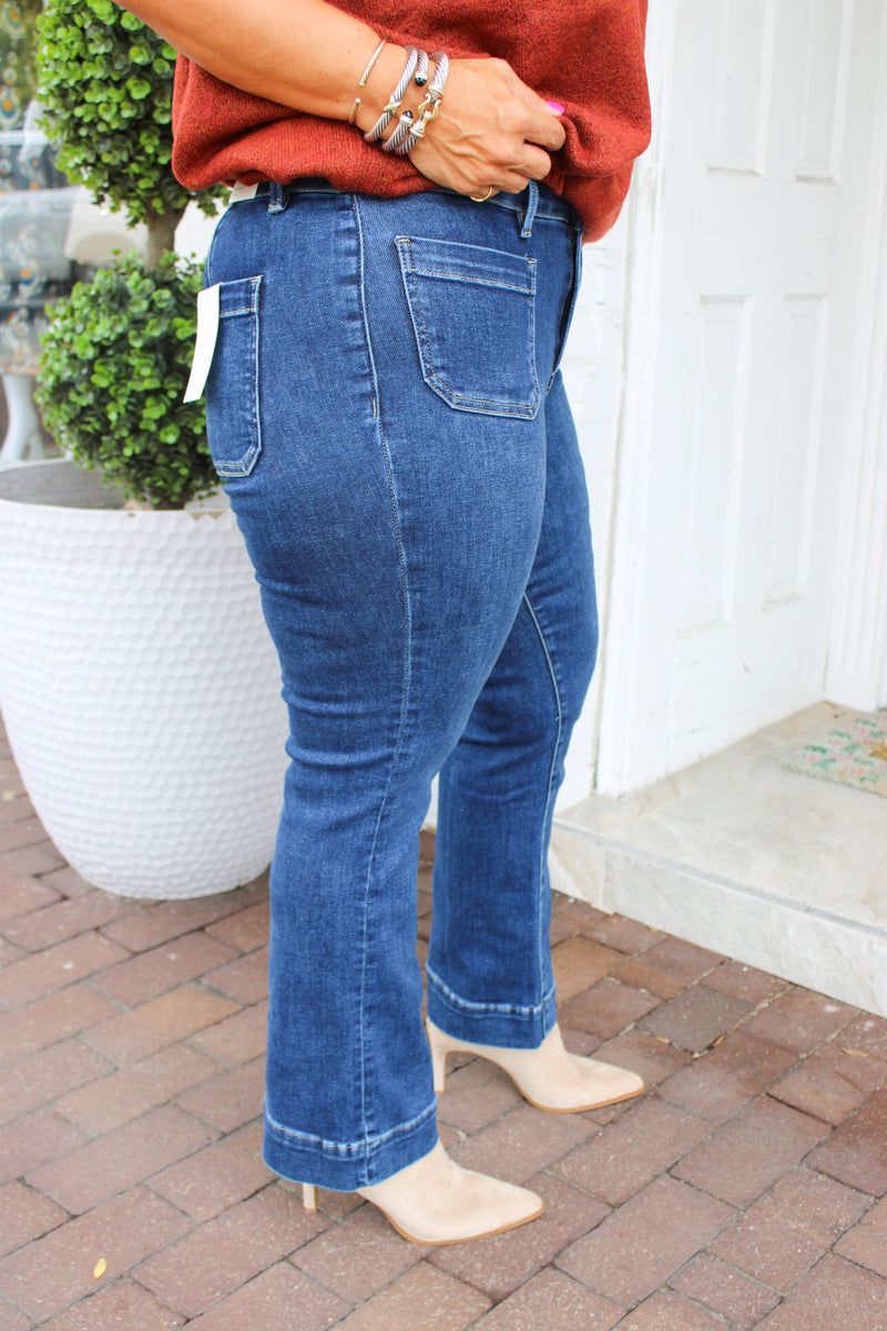 High Rise Patch Pocket Ankle Flare Jeans Vervet