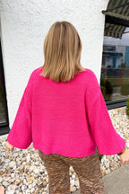 Oversized Knit Round Neck Balloon Sleeve Sweater in Hot Pink