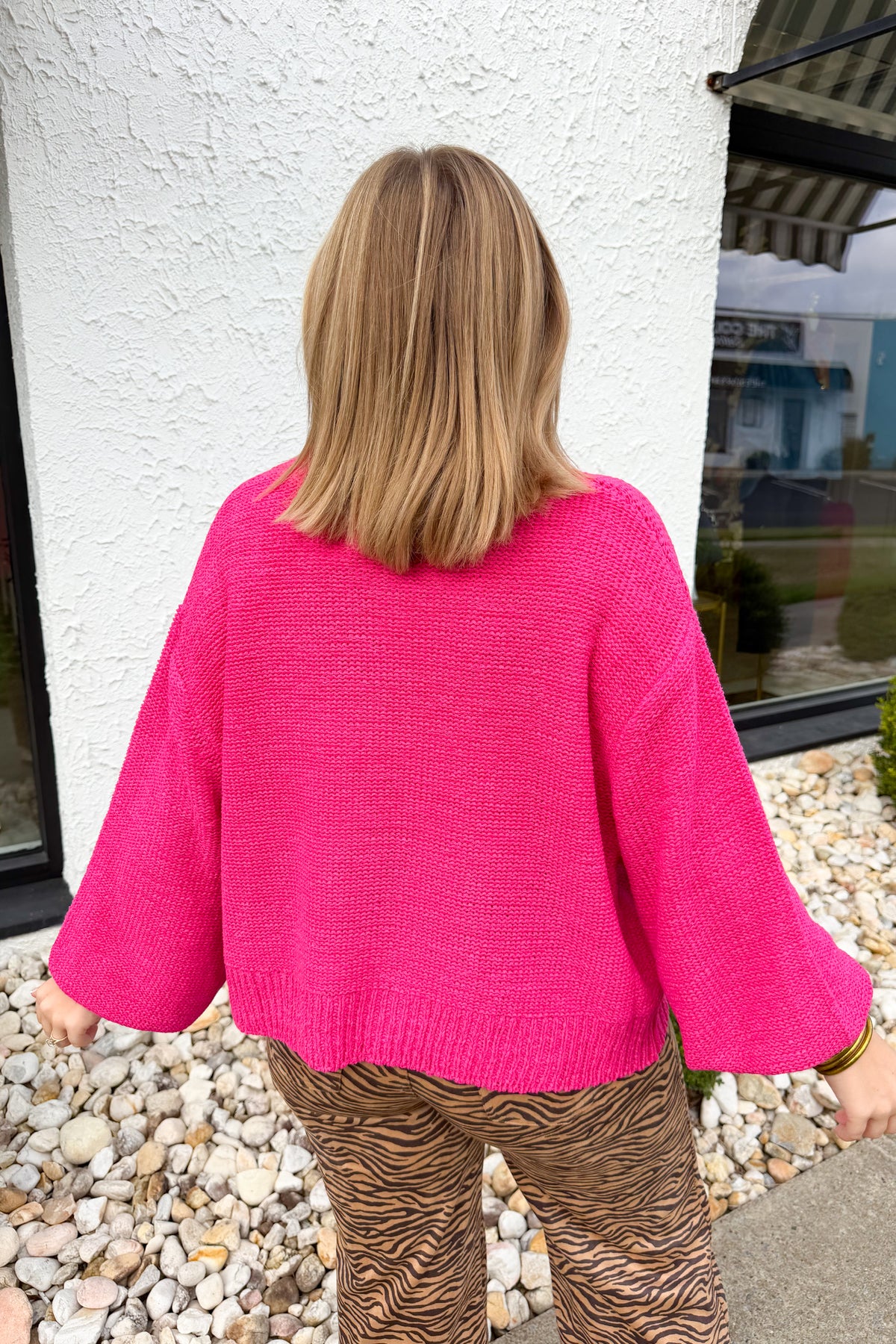 Oversized Knit Round Neck Balloon Sleeve Sweater in Hot Pink