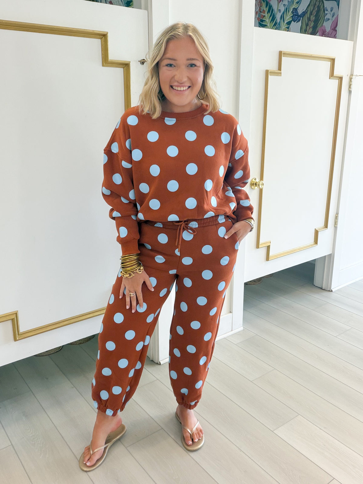 Polka Play Crewneck and Jogger Set - Rust + Sky Blue