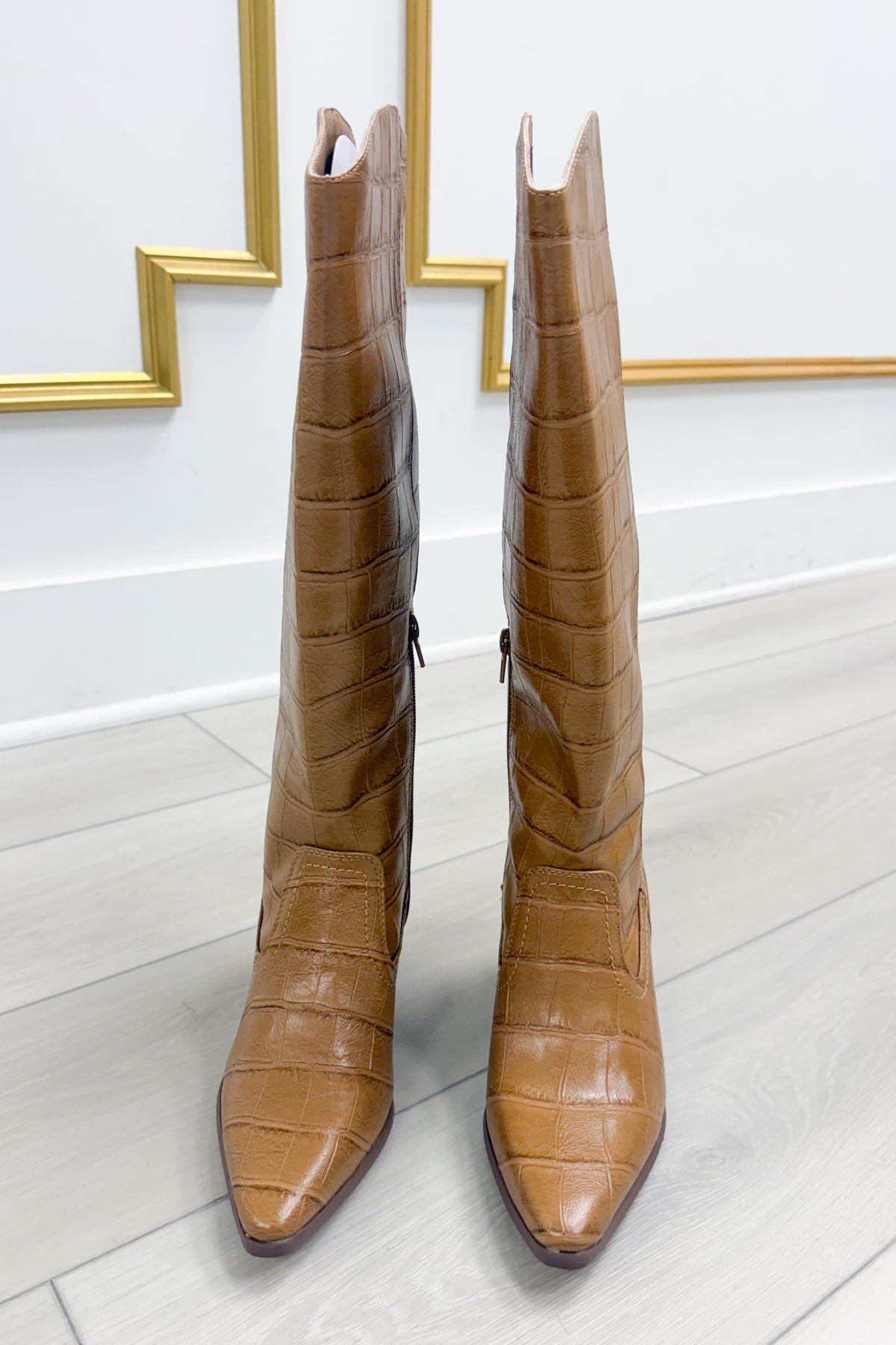 Crocodile Knee High Block Heel Boot in Tan