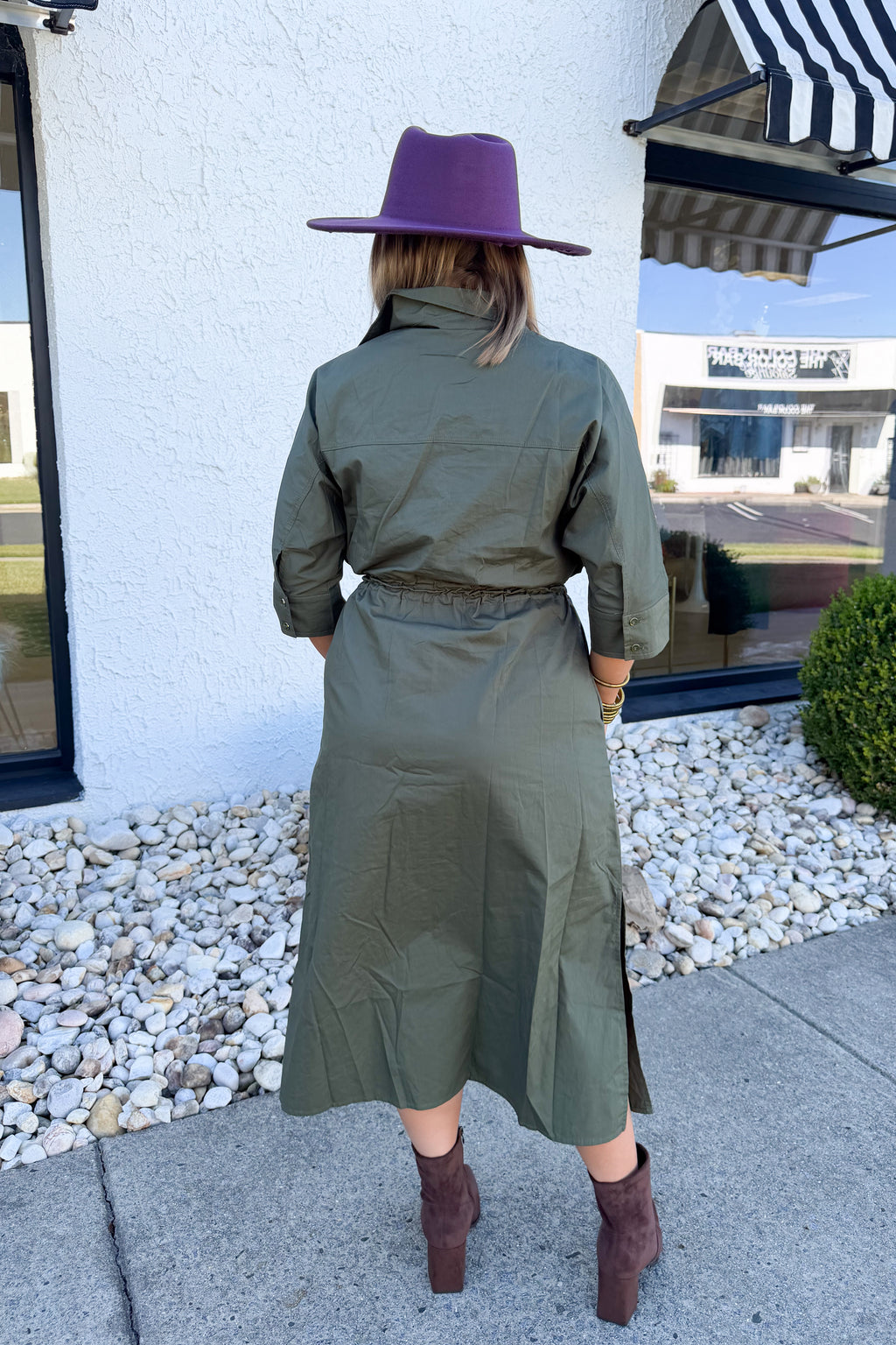 Button Down Drawstring Waist Midi Dress in Olive