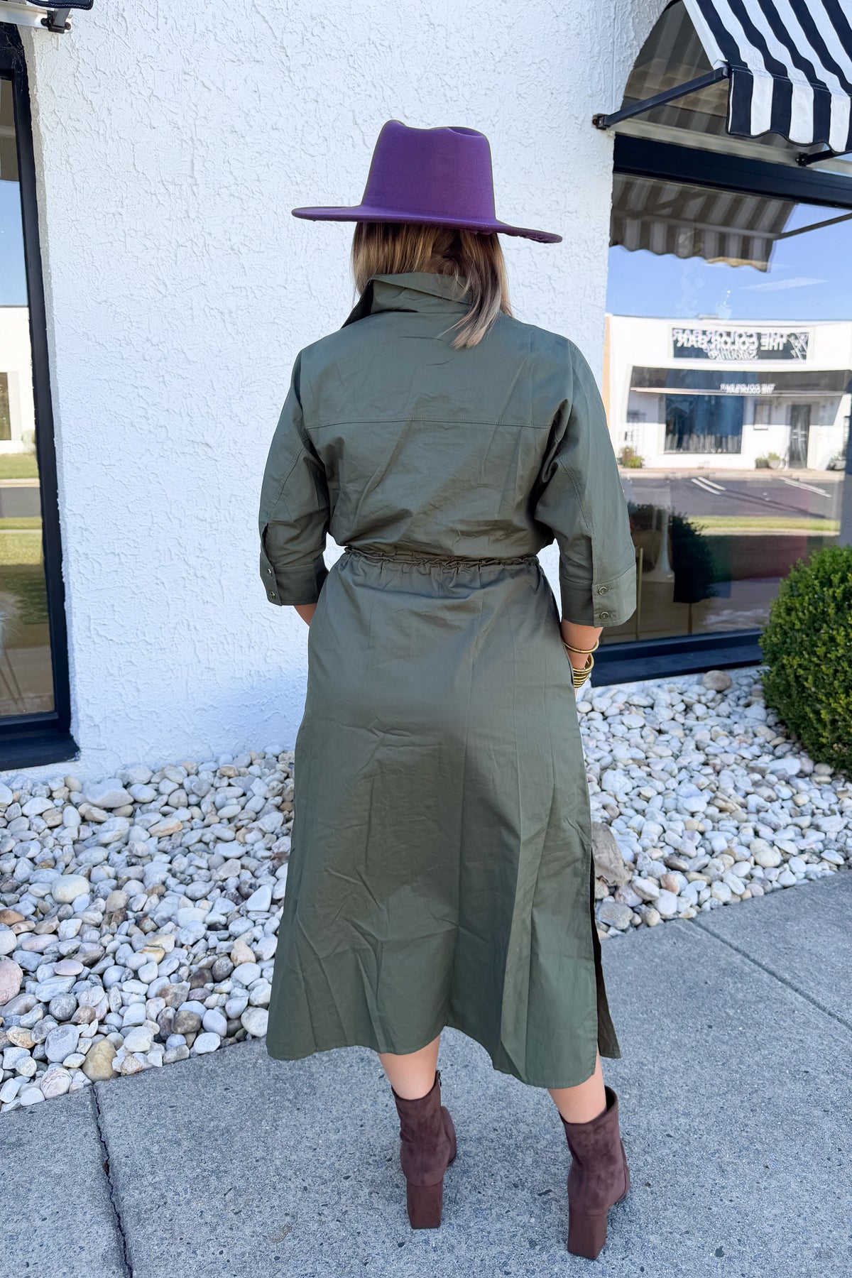 Button Down Drawstring Waist Midi Dress in Olive